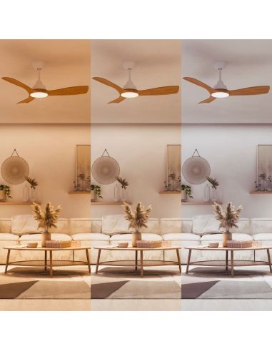 Ventilador de techo OLAS LED 52" blanco y madera 132 cm LED 24W+35W 2650 lm CCT regulable IP20