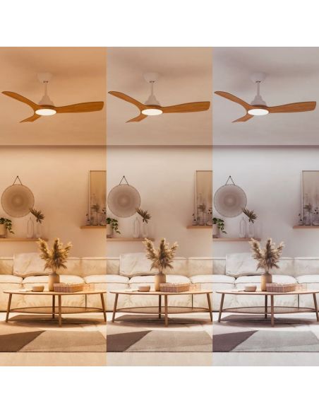 Ventilador de techo OLAS LED 52" blanco y madera 132 cm LED 24W+35W 2650 lm CCT regulable IP20