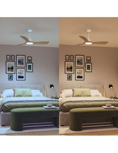 Ventilador de techo OLAS LED 52" blanco y madera 132 cm LED 24W+35W 2650 lm CCT regulable IP20