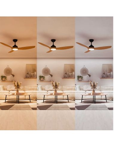 Ventilador de techo LED 52" OLAS negro y madera 132 cm LED 24W+35W 2650 lm CCT regulable IP20