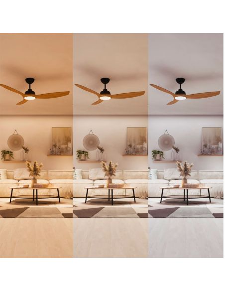 Ventilateur de plafond OLAS LED 52", noir et bois, 132 cm, LED 24 W + 35 W, 2650 lm, CCT, intensité variable, IP20