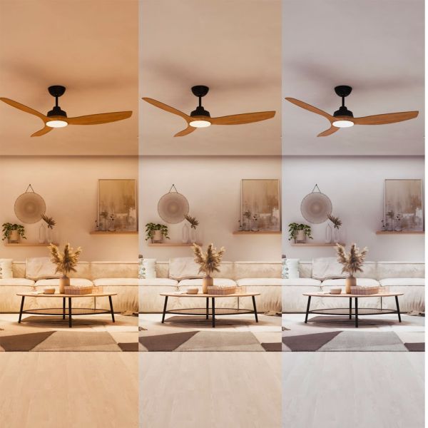 Ventilateur de plafond OLAS LED 52", noir et bois, 132 cm, LED 24 W + 35 W, 2650 lm, CCT, intensité variable, IP20