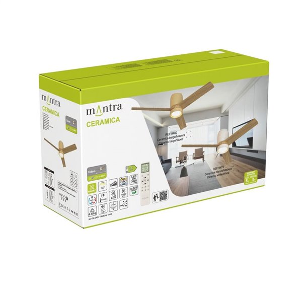 Plafón Ventilador LED CERÁMICA M blanco cerámica/madera Ø1220mm 20W CCT 3000-5000K 2520lm DC