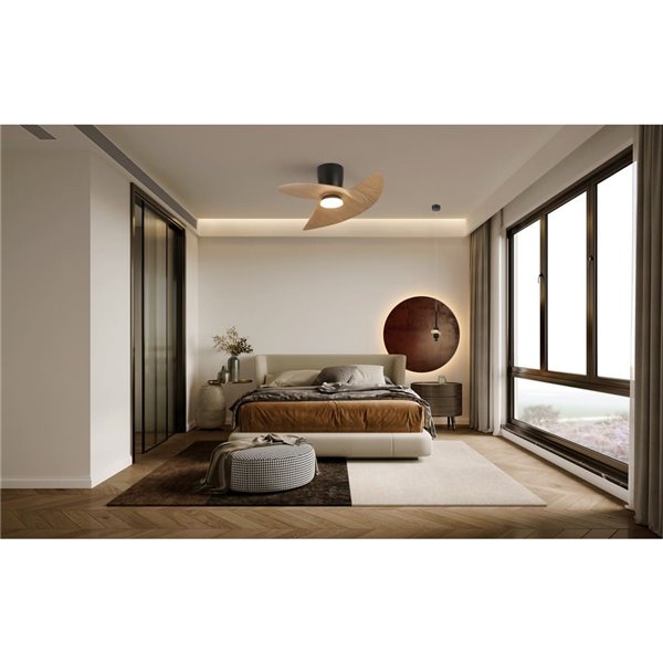 Ventilador de techo tipo plafón LED ONA negro madera Ø700mm 18W 2520lm CCT 3000-5000K motor DC silencioso