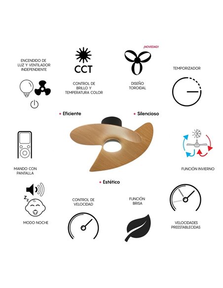 Ventilador de techo tipo plafón LED ONA negro madera Ø700mm 18W 2520lm CCT 3000-5000K motor DC silencioso