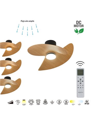 Ventilador de techo tipo plafón LED ONA negro madera Ø700mm 18W 2520lm CCT 3000-5000K motor DC silencioso