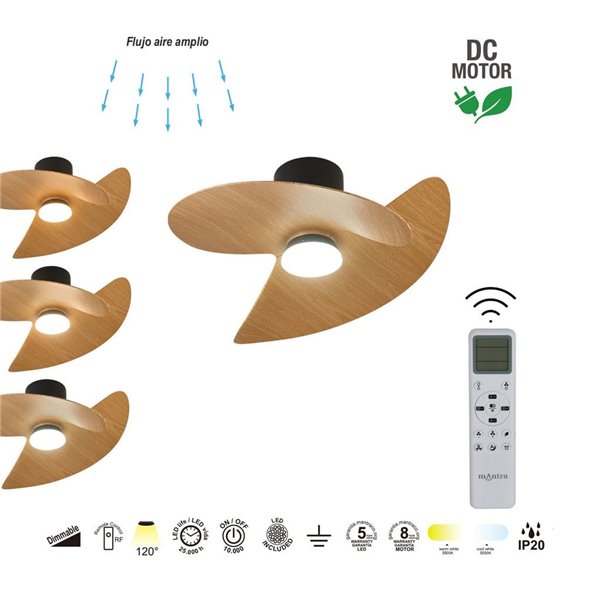 Ventilador de techo tipo plafón LED ONA negro madera Ø700mm 18W 2520lm CCT 3000-5000K motor DC silencioso