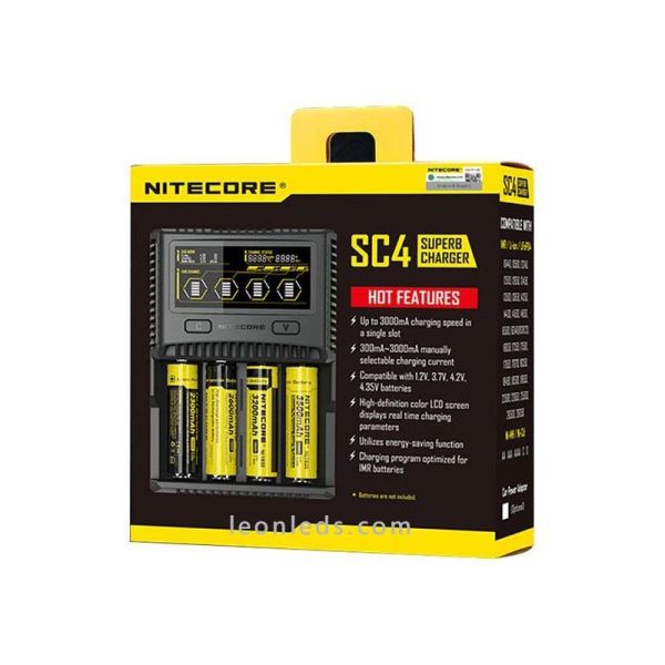 Cargador para 4 Pilas | Cargador de 4 Bahías Nitecore SC4 | Cargador con pantalla LCD | LeonLeds Iluminación