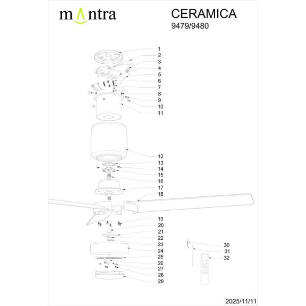 Plafón Ventilador LED CERÁMICA M blanco cerámica/madera Ø1220mm 20W CCT 3000-5000K 2520lm DC