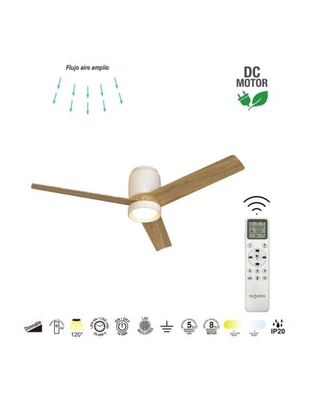 Plafón Ventilador LED CERÁMICA M blanco cerámica/madera Ø1220mm 20W CCT 3000-5000K 2520lm DC