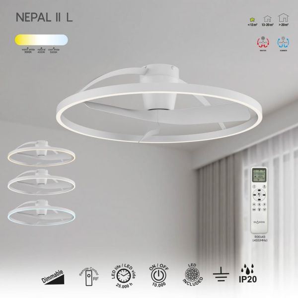 Plafón Ventilador LED NEPAL II grande blanco Ø1000mm 44W CCT 3000-5000K 4000lm DC
