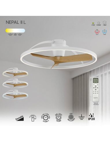 Ventilateur LED NEPAL II Grand modèle en bois blanc, Ø1000 mm, 44 W, température de couleur 3000-5000 K, 4000 lm, alimentation C