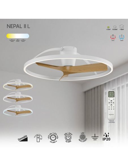 Ventilador Ventoinha LED Nepal II grande, branco, em madeira, Ø1000mm, 44W, CCT 3000-5000K, 4000lm, DC