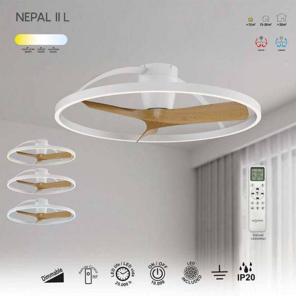 Plafón Ventilador LED NEPAL II grande blanco madera Ø1000mm 44W CCT 3000-5000K 4000lm  DC