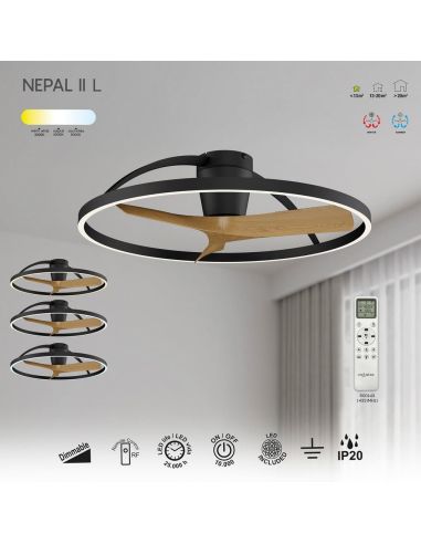 Plafón Ventilador LED NEPAL II grande negro madera Ø1000mm 44W CCT 3000-5000K 4000lm DC