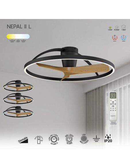 Plafón Ventilador LED NEPAL II grande negro madera Ø1000mm 44W CCT 3000-5000K 4000lm DC