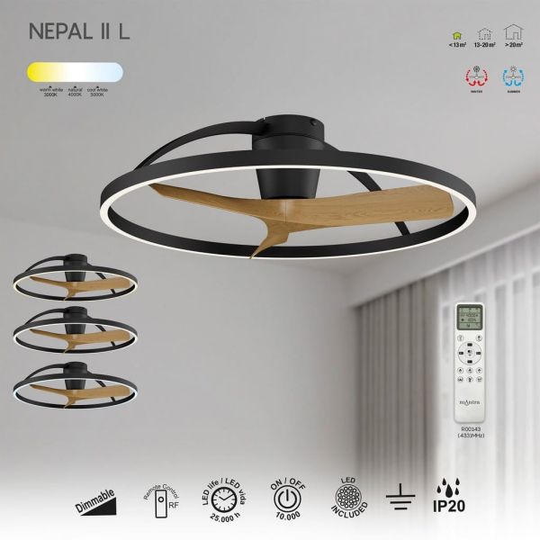 Plafón Ventilador LED NEPAL II grande negro madera Ø1000mm 44W CCT 3000-5000K 4000lm DC