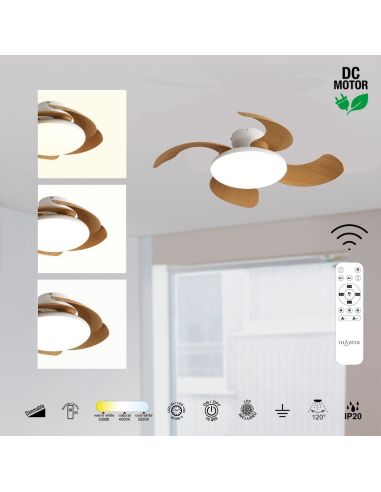 Plafón Ventilador LED ALOHA II blanco madera Ø830mm 40W 4200lm CCT 3000-5000K 25W DC silencioso