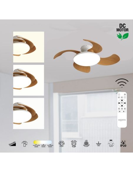Ventilateur LED ALOHA II, finition bois blanc, Ø 830 mm, 40 W, 4 200 lm, température de couleur 3 000-5 000 K, 25 W CC silencieu