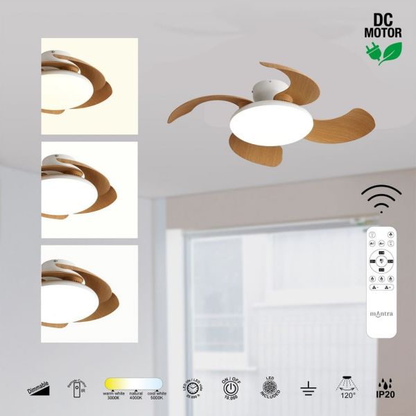 Plafón Ventilador LED ALOHA II blanco madera Ø830mm 40W 4200lm CCT 3000-5000K 25W DC silencioso