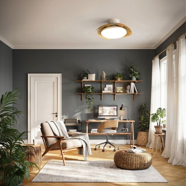 Luminária Ventoinha ALOHA II LED com ventilador, acabamento em madeira branca, Ø830mm, 40W, 4200lm, temperatura de cor 3000-5000