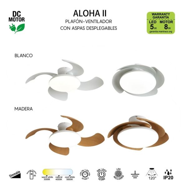 Plafón Ventilador LED ALOHA II blanco madera Ø830mm 40W 4200lm CCT 3000-5000K 25W DC silencioso