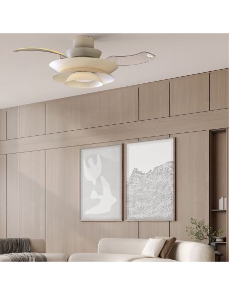 Ventilateur de plafond moderne à pales rétractables, LED ACONCAGUA blanc Ø1060mm 20W 2520lm CCT 3000-5000K DC