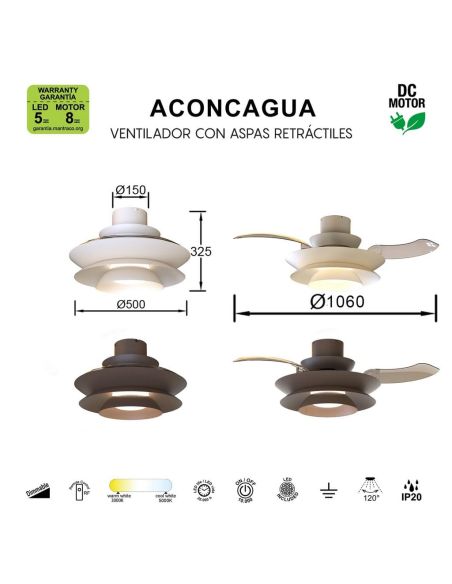 Ventilador tipo plafón moderno con aspas retráctiles LED ACONCAGUA blanco Ø1060mm 20W 2520lm CCT 3000-5000K DC
