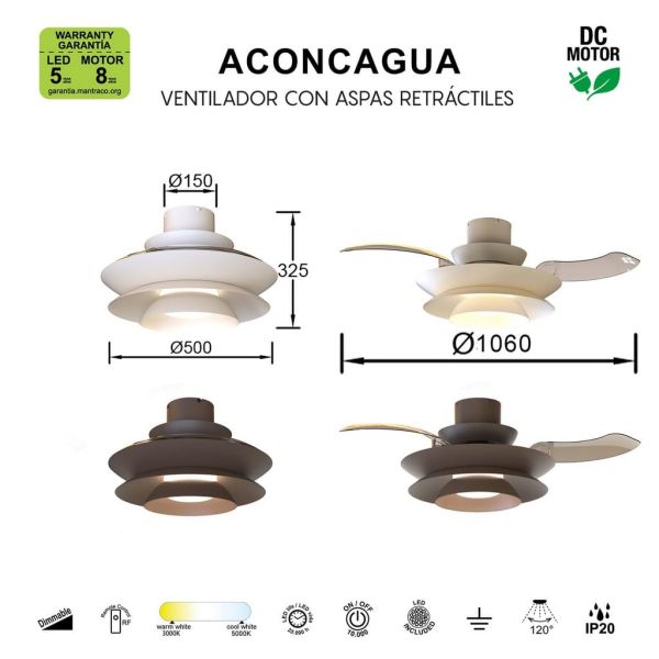 Ventilador tipo plafón moderno con aspas retráctiles LED ACONCAGUA blanco Ø1060mm 20W 2520lm CCT 3000-5000K DC