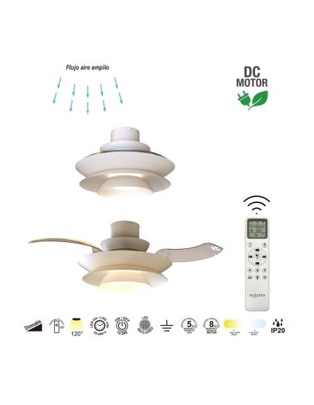 Ventilateur de plafond moderne à pales rétractables, LED ACONCAGUA blanc Ø1060mm 20W 2520lm CCT 3000-5000K DC