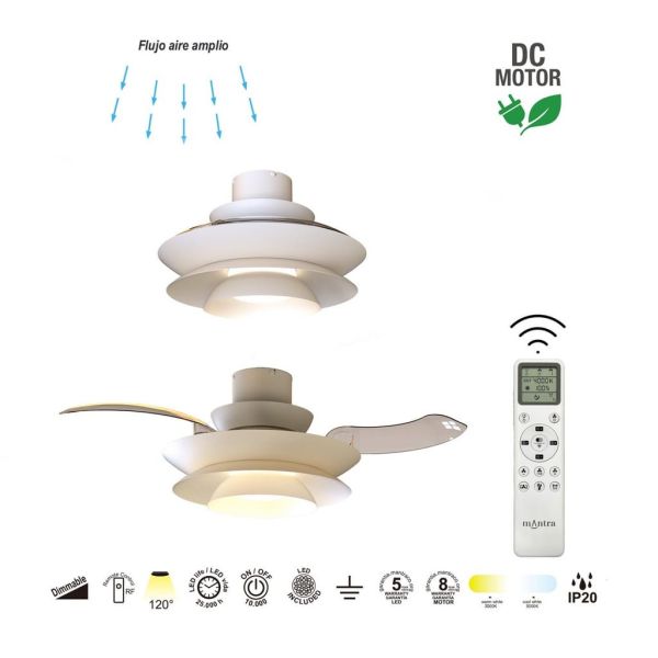 Ventilateur de plafond moderne à pales rétractables, LED ACONCAGUA blanc Ø1060mm 20W 2520lm CCT 3000-5000K DC