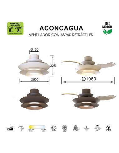 Ventilateur de plafond moderne à pales rétractables, LED ACONCAGUA, couleur café, Ø 1060 mm, 20 W, 2520 lm, température de coule
