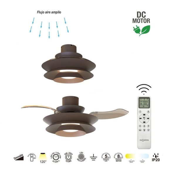 Ventilateur de plafond moderne à pales rétractables, LED ACONCAGUA, couleur café, Ø 1060 mm, 20 W, 2520 lm, température de coule