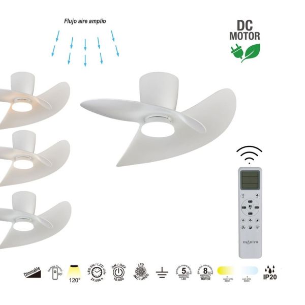 Ventilador de techo tipo plafón LED ONA blanco Ø700mm 18W 2520lm CCT 3000-5000K motor DC silencioso