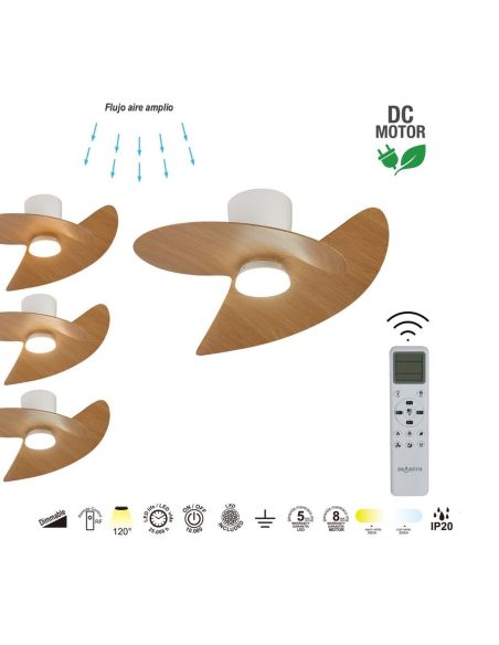 Ventoinha de teto ONA LED, acabamento em madeira branca, Ø700mm, 18W, 2520lm, temperatura de cor 3000-5000K, motor DC silencioso