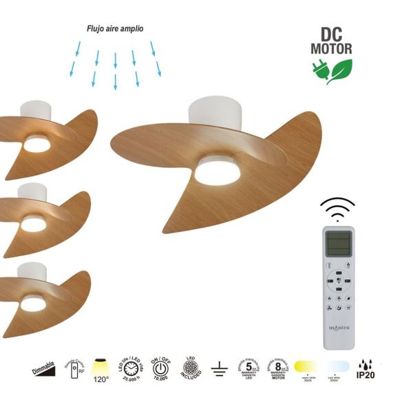 Ventilador de techo tipo plafón LED ONA blanco madera Ø700mm 18W 2520lm CCT 3000-5000K motor DC silencioso