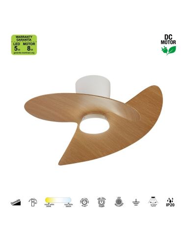 Ventoinha de teto ONA LED, acabamento em madeira branca, Ø700mm, 18W, 2520lm, temperatura de cor 3000-5000K, motor DC silencioso