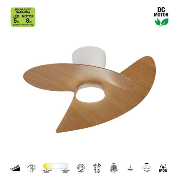 Ventoinha de teto ONA LED, acabamento em madeira branca, Ø700mm, 18W, 2520lm, temperatura de cor 3000-5000K, motor DC silencioso