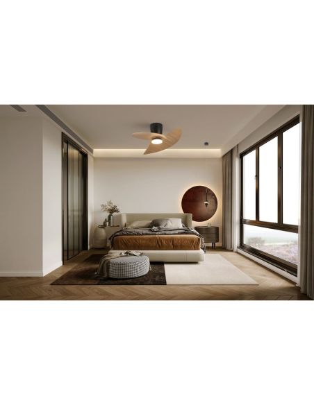 Ventilador de techo tipo plafón LED ONA negro madera Ø700mm 18W 2520lm CCT 3000-5000K motor DC silencioso