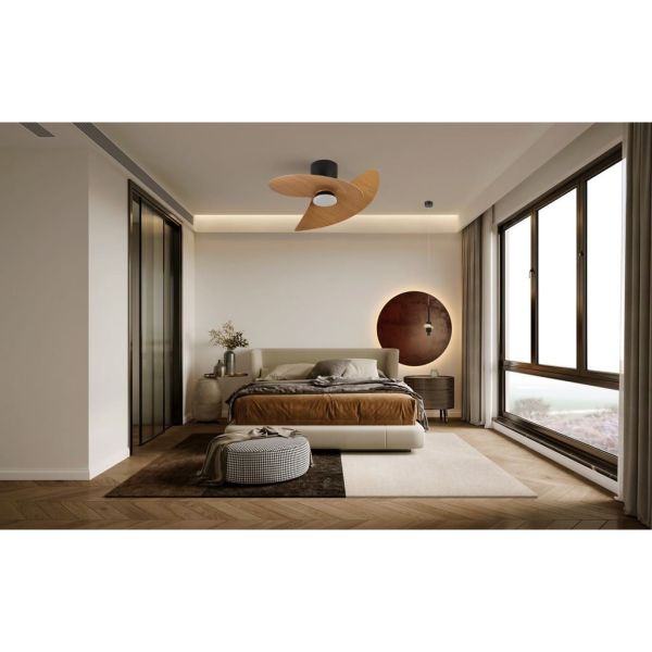 Ventilador de techo tipo plafón LED ONA negro madera Ø700mm 18W 2520lm CCT 3000-5000K motor DC silencioso