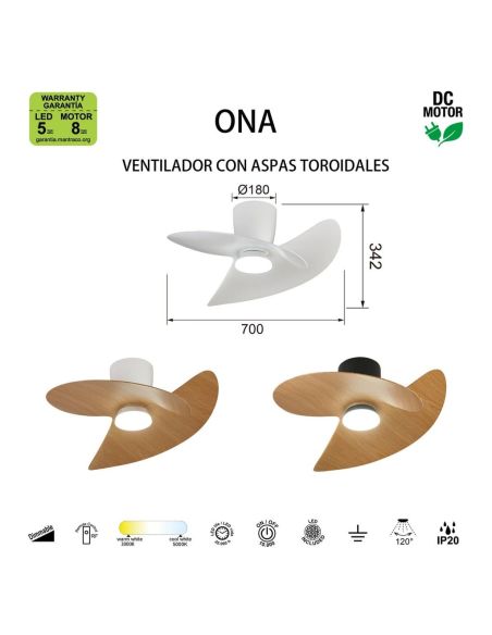 Ventilador de techo tipo plafón LED ONA negro madera Ø700mm 18W 2520lm CCT 3000-5000K motor DC silencioso