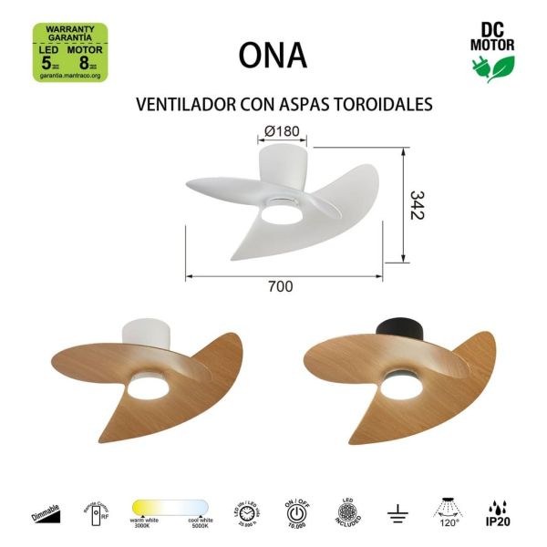 Ventilador de techo tipo plafón LED ONA negro madera Ø700mm 18W 2520lm CCT 3000-5000K motor DC silencioso
