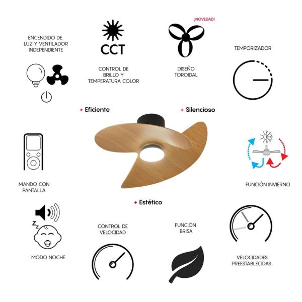 Ventoinha de teto ONA LED, acabamento em madeira preta, Ø700mm, 18W, 2520lm, temperatura de cor 3000-5000K, motor DC silencioso
