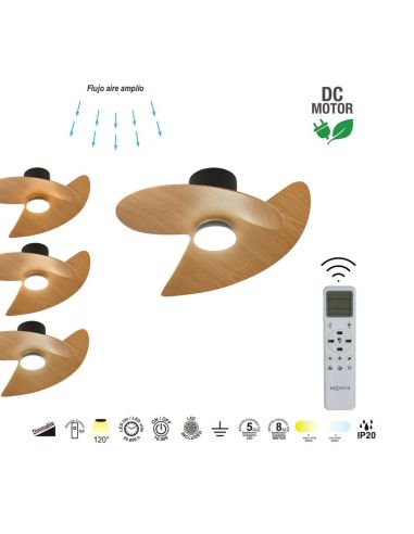 Ventilador de techo tipo plafón LED ONA negro madera Ø700mm 18W 2520lm CCT 3000-5000K motor DC silencioso