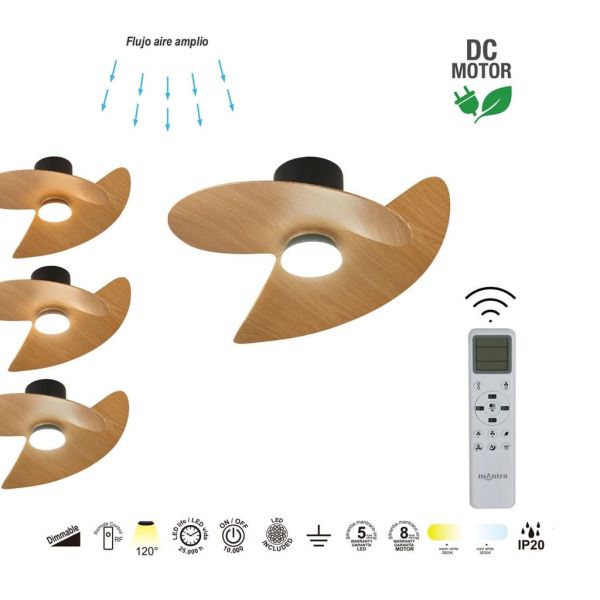 Ventilador de techo tipo plafón LED ONA negro madera Ø700mm 18W 2520lm CCT 3000-5000K motor DC silencioso