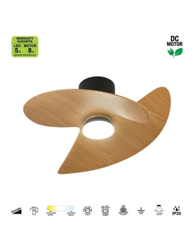 Ventoinha de teto ONA LED, acabamento em madeira preta, Ø700mm, 18W, 2520lm, temperatura de cor 3000-5000K, motor DC silencioso