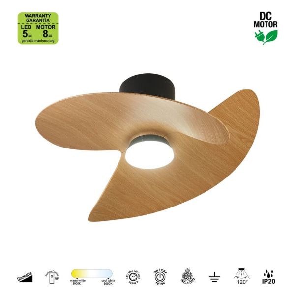 Ventoinha de teto ONA LED, acabamento em madeira preta, Ø700mm, 18W, 2520lm, temperatura de cor 3000-5000K, motor DC silencioso