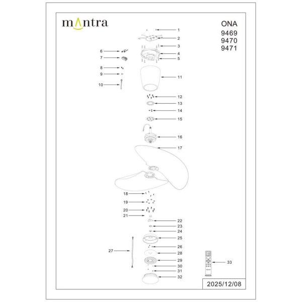 Ventoinha de teto ONA LED, acabamento em madeira preta, Ø700mm, 18W, 2520lm, temperatura de cor 3000-5000K, motor DC silencioso