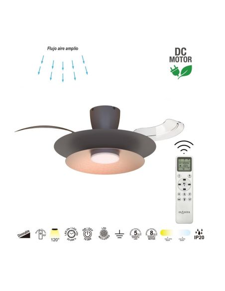Ventoinha teto LED moderno PATAGONIA 2D em cobre escovado, cor café, Ø500mm, 33W, 3000lm, CCT, dimerizável, DC