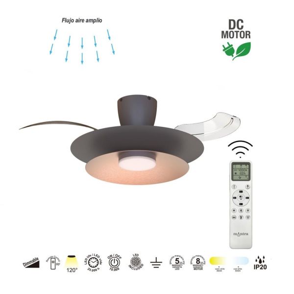 Ventoinha teto LED moderno PATAGONIA 2D em cobre escovado, cor café, Ø500mm, 33W, 3000lm, CCT, dimerizável, DC